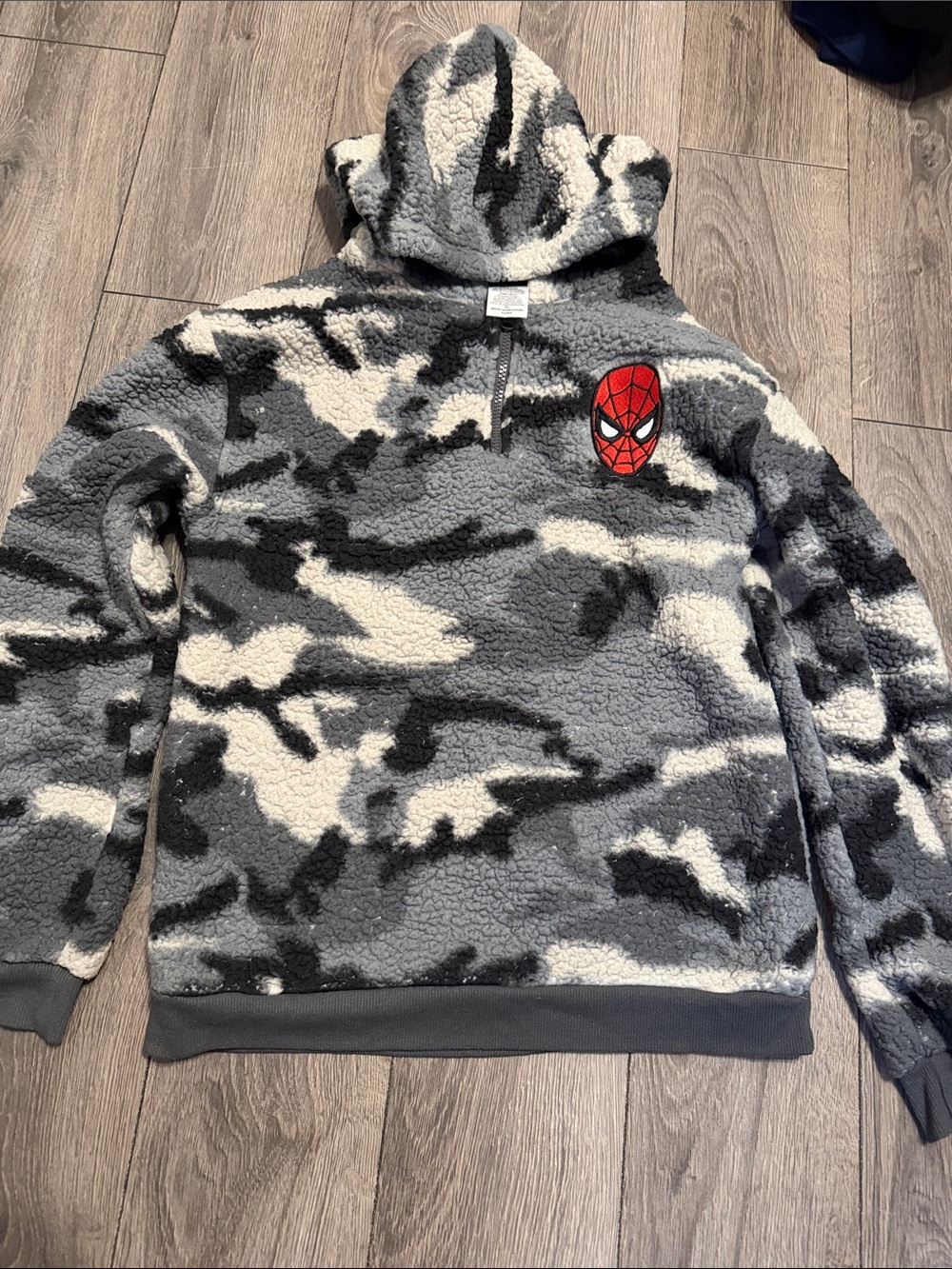 Grey Camouflage Sherpa Hoodie with Spider-Man Patch